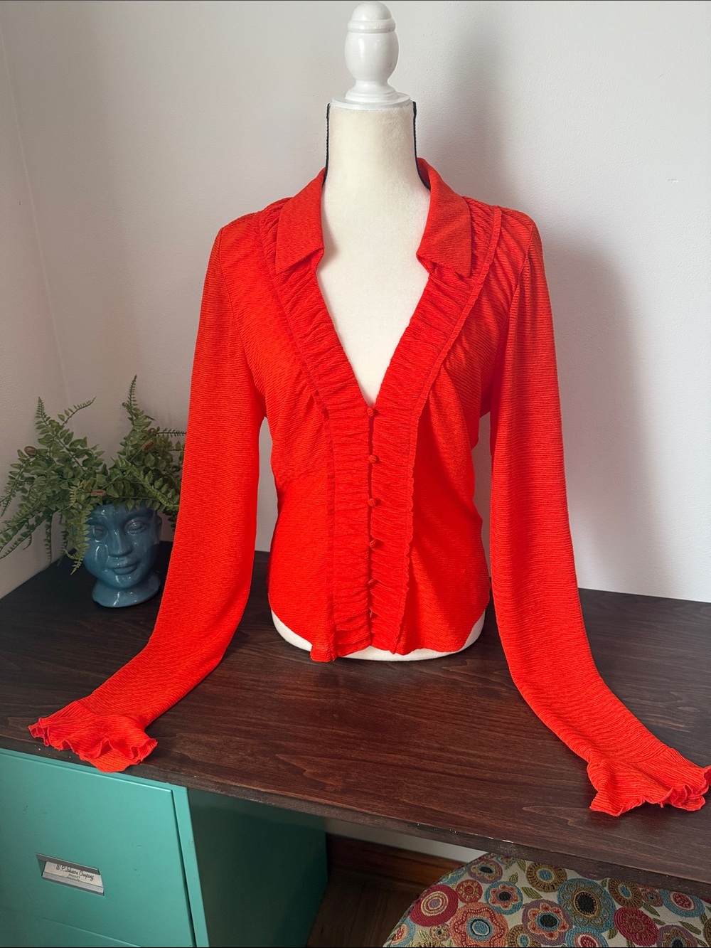 Anthropologie Bright Red Ruffled Button-Down Blouse NWOT